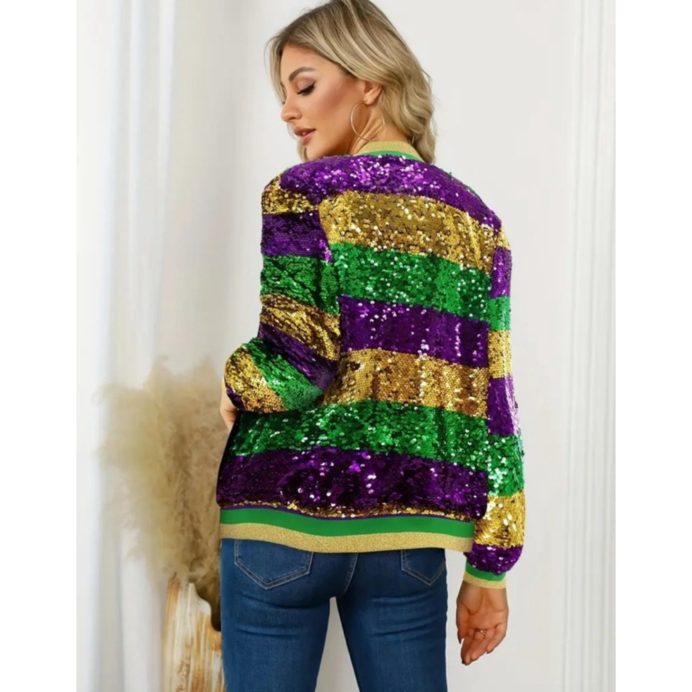 Mardi Gras Sequins Striped Purple, Green and Gold Bomber Jacket - Picture 2 of 7
